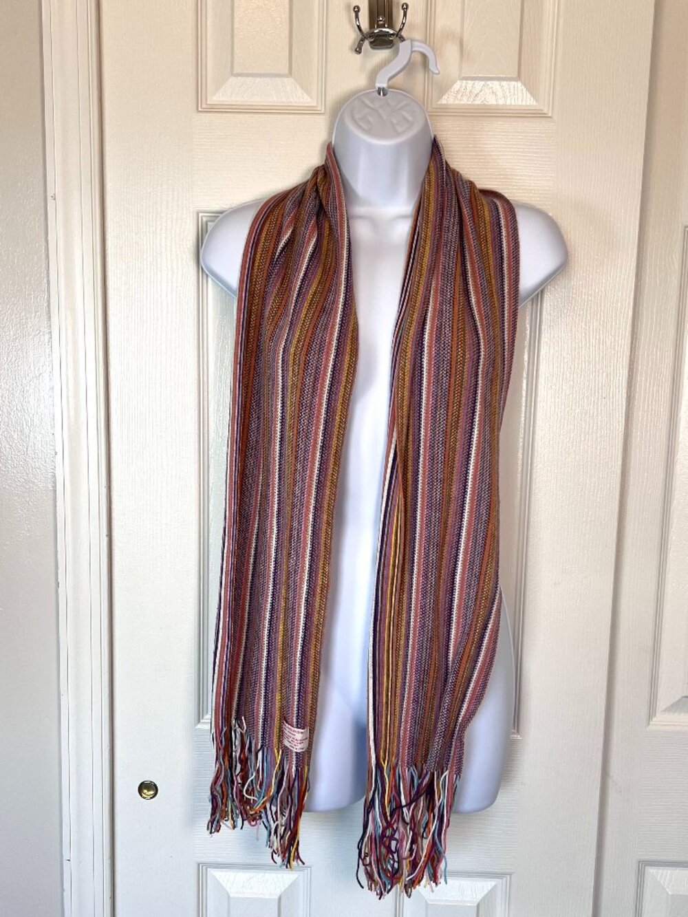 Multicolored Striped Fringe Knit Scarf Boho 70's Inspired Funky